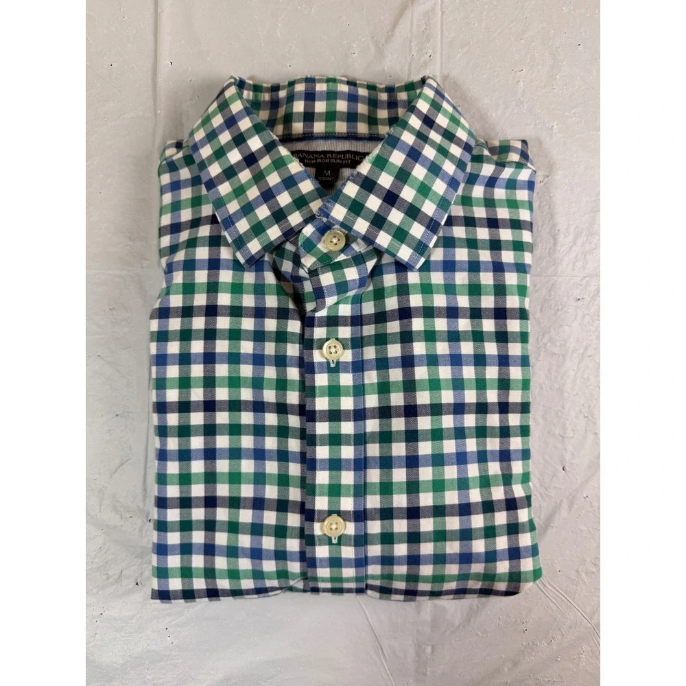 Banana Republic Mens Non-Iron Slim Fit Gingham Button Down Shirt Green Blue M